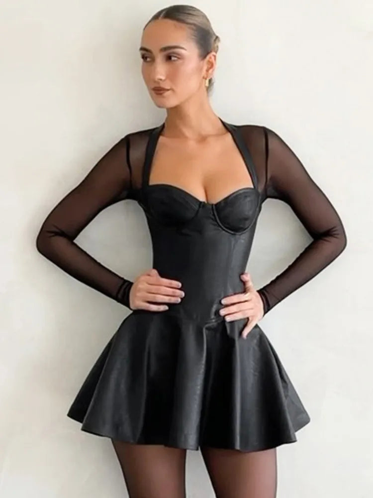 שמלת מיני דמוי עור בגזרת A שרוולי רשת - אופק