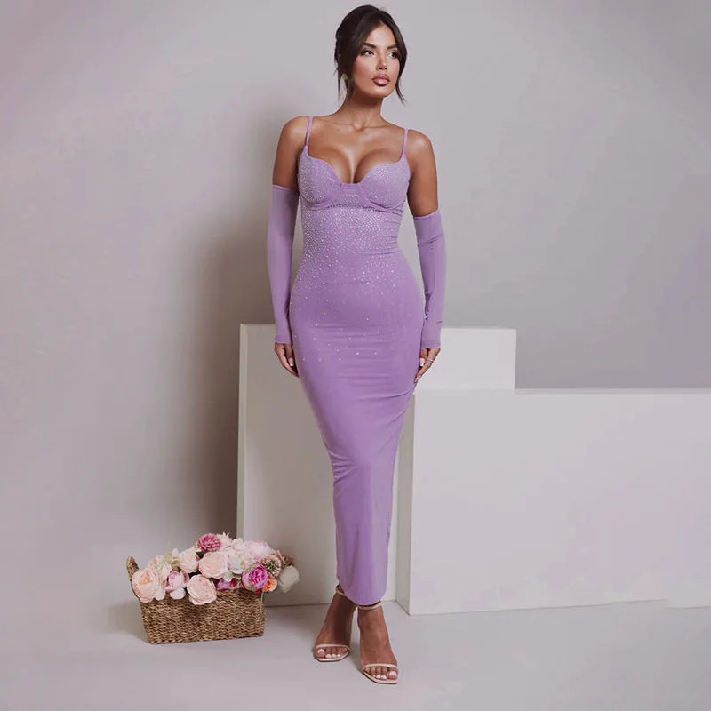 שמלת מידי צמודה בד מחטב בעיטור זרקונים מנצנצים ושרוולונים - Bridget