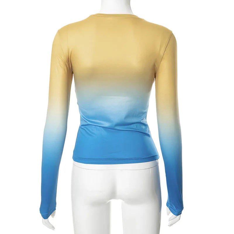 חולצת סתיו דקה שרוולים ארוכים בעיצוב אומברה צבעים - סייאנה