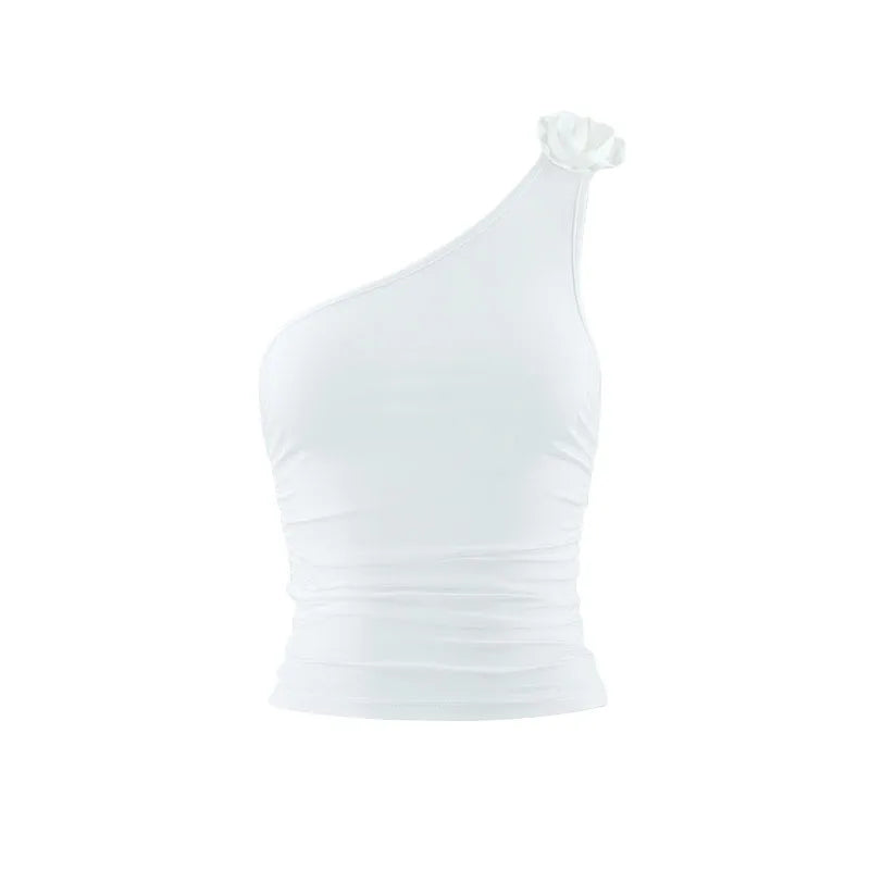Asymmetric one-shoulder tank top with flower decoration - Carmela