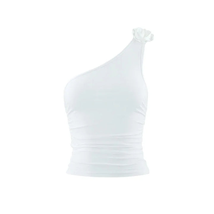 Asymmetric one-shoulder tank top with flower decoration - Carmela