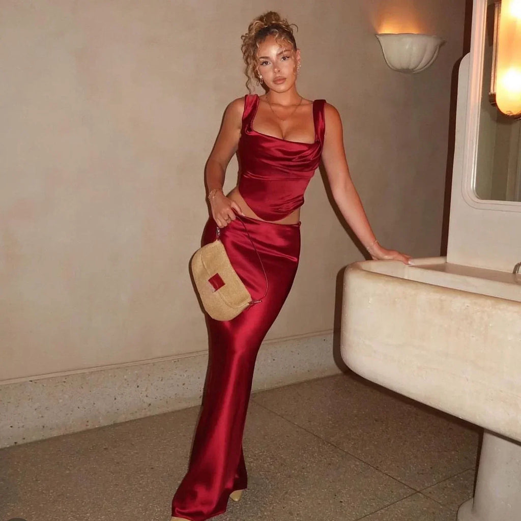 סט סאטן שני חלקים טופ וחצאית מקסי - מיאלה