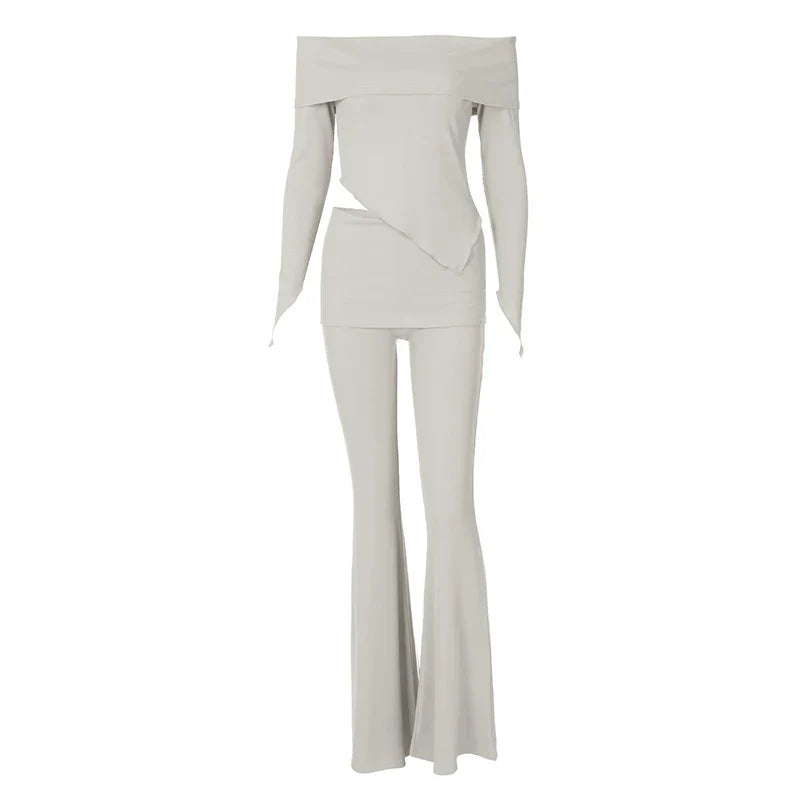 חליפת שני חלקים סרוגה חולצת כתפיים חשופות בגזרה אסימטרית ומכנסיים ארוכים - ROZIE