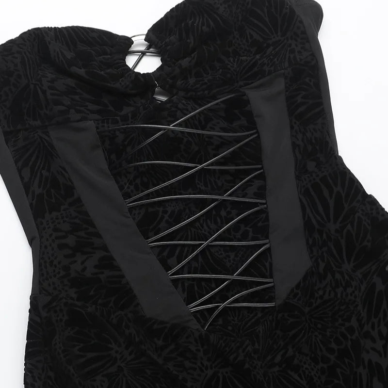 אוברול סטרפלס רשת בעיצוב קטיפה מנומרת בעיטור אבזם חישוק - בלאק לונה