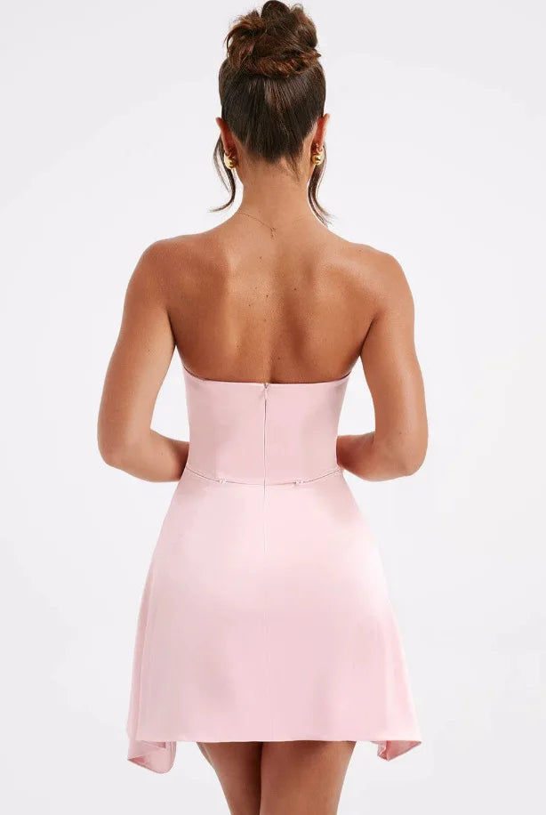 שמלת מיני סטרפלס סאטן בגזרת A בעיטור פפיון בעיצוב אסימטרי - Roselyn