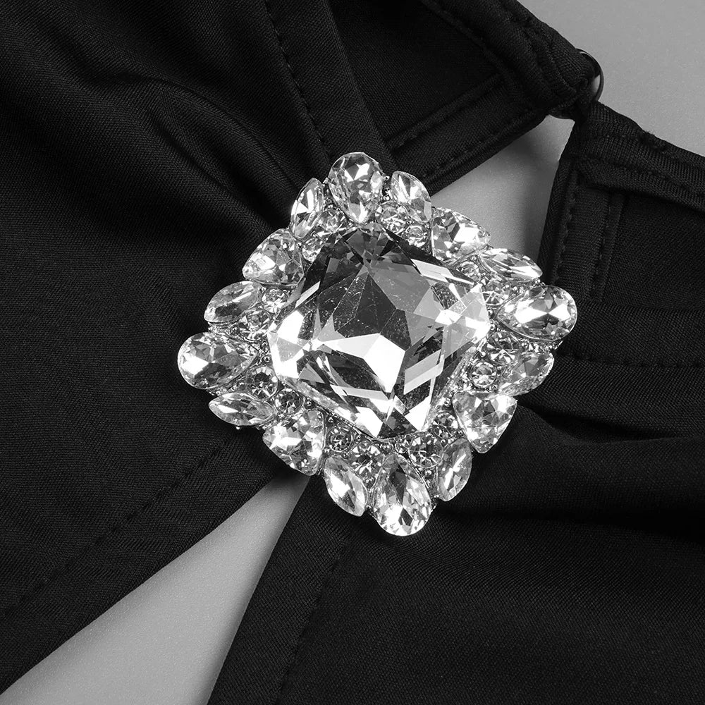 Maxi dress with a slit design and a mesh bodice with a diamond buckle - AMOR