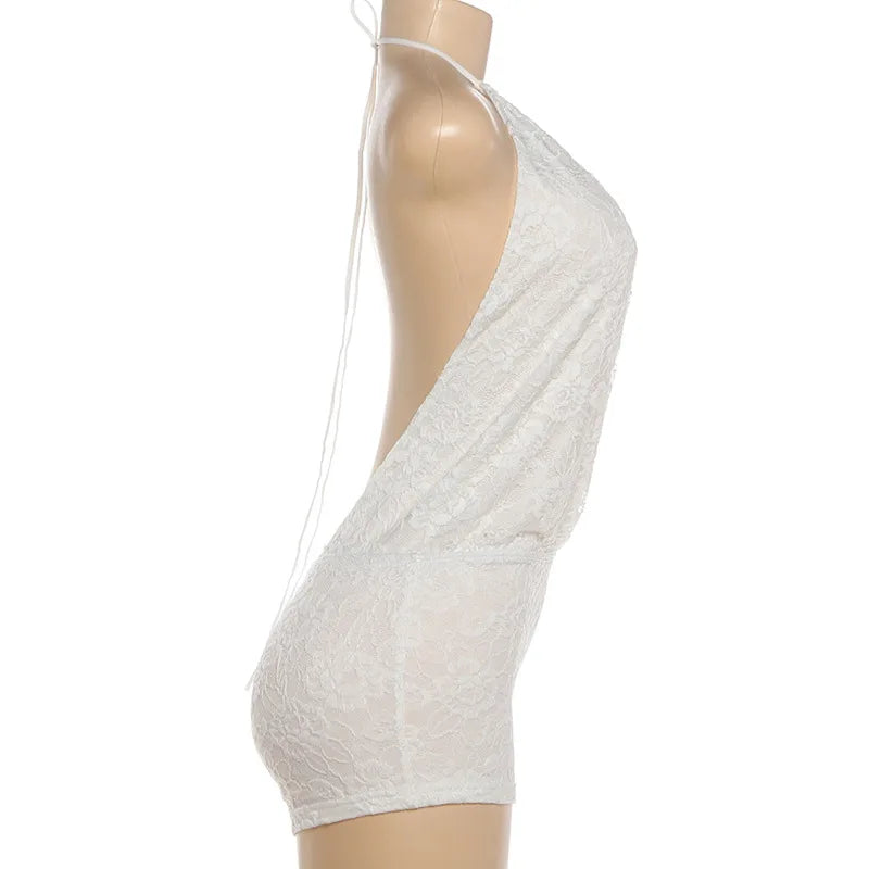 Short lace jumpsuit with a neck tie and open back - Lis