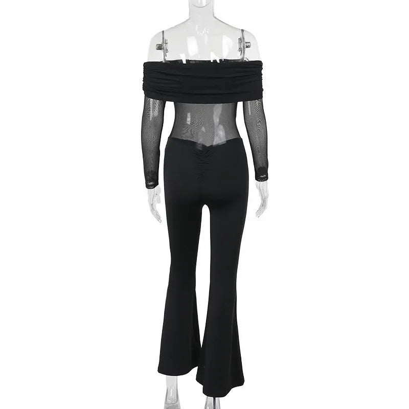 אוברול בד מחטב בעיצוב רשת וכתפיים חשופות מכנסי פדלפון - מאיה לי