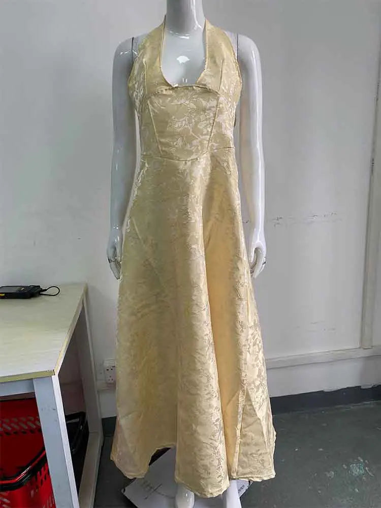 שמלת מידי בגזרת A קשירה בצוואר גב פתוח בעיטור רקמת איורי פרחים - פלורה