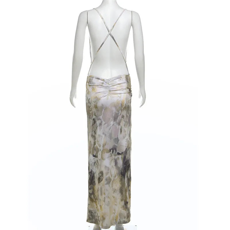 שמלת מקסי בהדפס מיוחד בעיצוב שסע גב פתוח - טנזניה