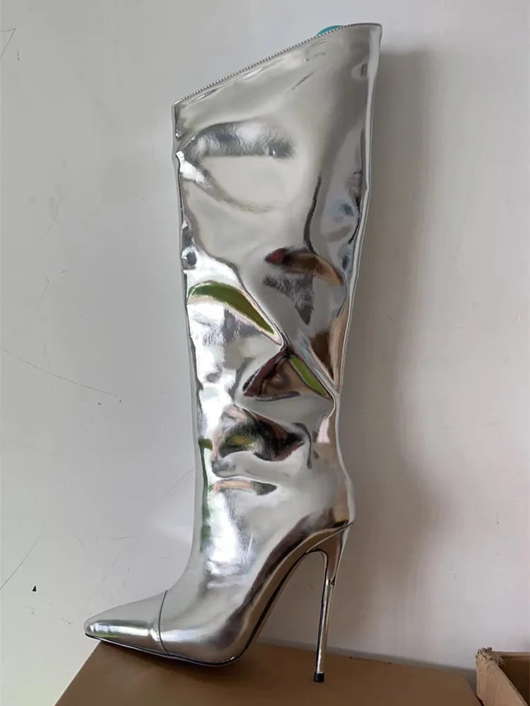 High-heeled pointed-toe boots in shiny leather design - Sloane