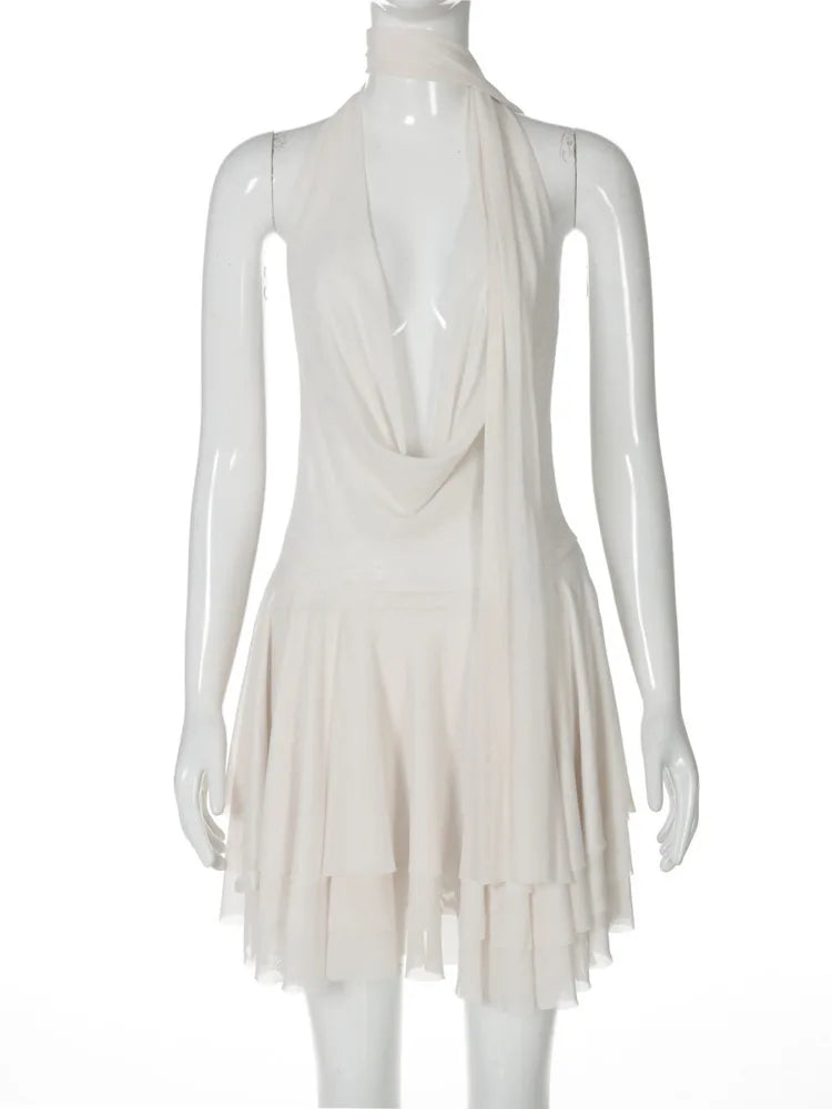 שמלת מיני שיפון מלמלה גב פתוח צווארון נופל בעיטור צעיף תואם -  Lexi