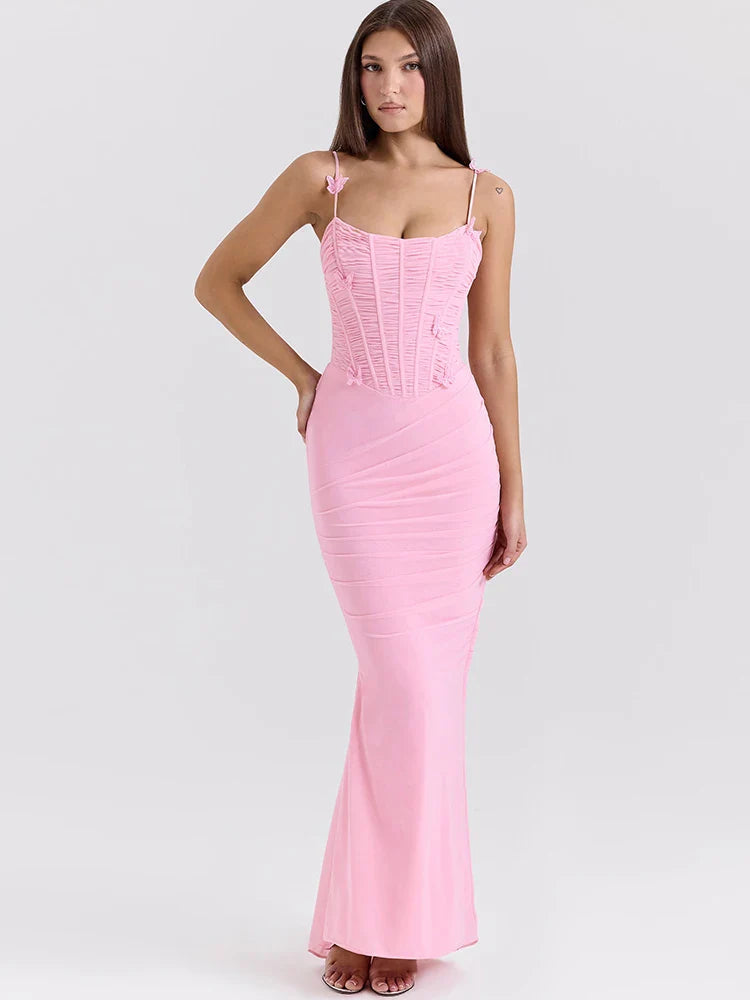 שמלת מקסי שיפון בעיצוב כיווצים ואפליקציות פרפרים - הללי