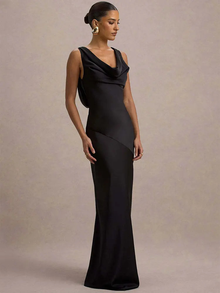 שמלת מקסי סאטן בעיצוב צווארון נופל וגב פתוח - אלקסיס