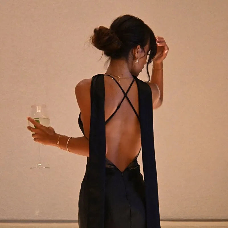 שמלת מקסי סאטן בעיטור תחרה וצעיף תואם גב פתוח - ליזט