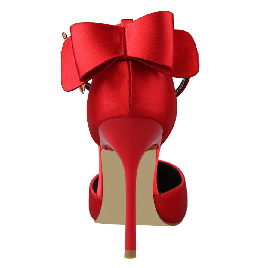 נעלי עקב שפיץ בד משי בעיטור פפיון - BIANCA