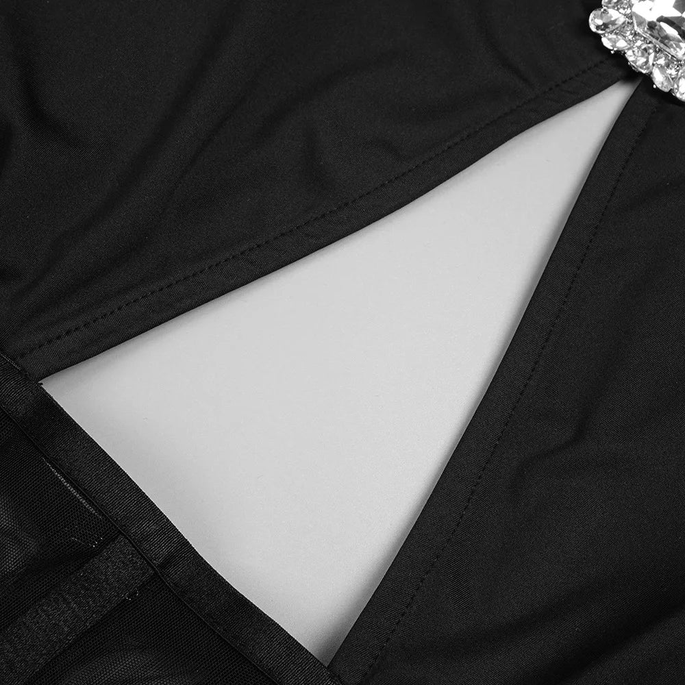 Maxi dress with a slit design and a mesh bodice with a diamond buckle - AMOR