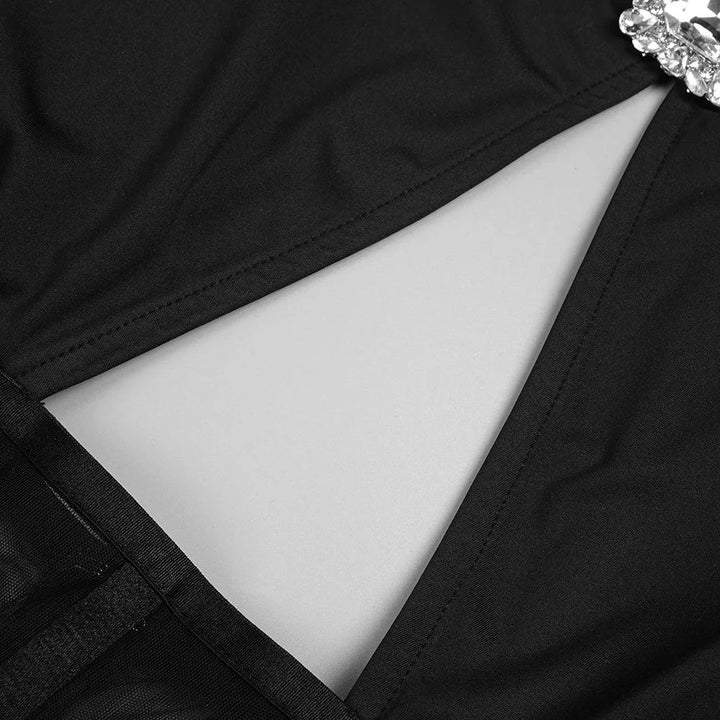 Maxi dress with a slit design and a mesh bodice with a diamond buckle - AMOR