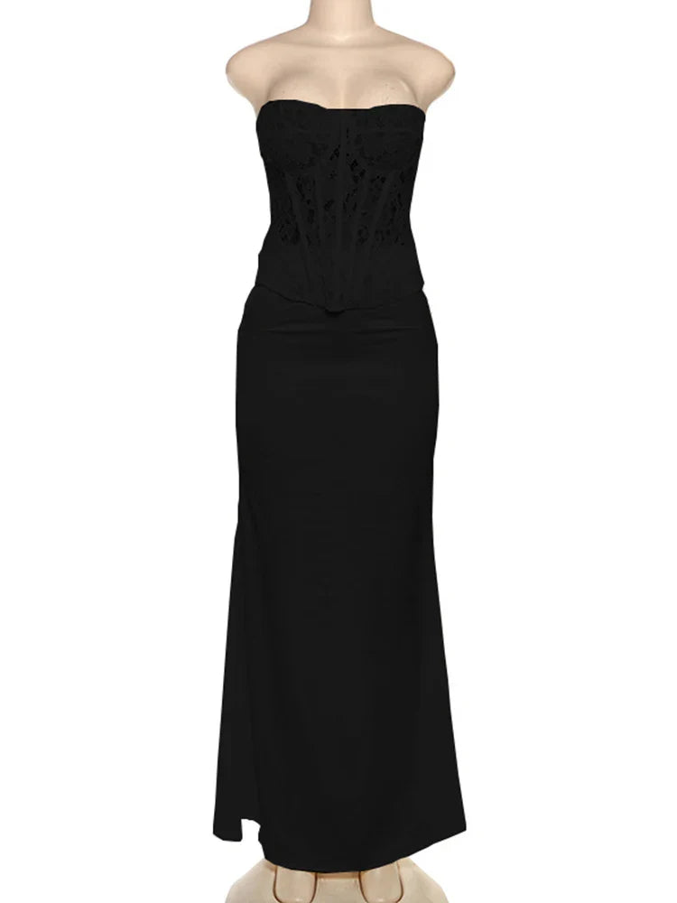 סט שני חלקים חצאית סאטן ומחוך סטרפלס תחרה - אריזונה