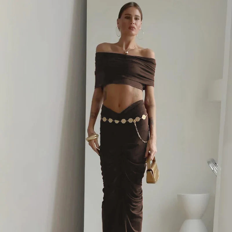 סט בעיצוב כיווצים חצאית מקסי וטופ כתפיים חשופות - מאור