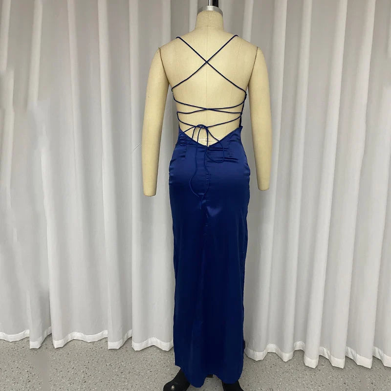 שמלת מקסי סאטן שסע - אזול