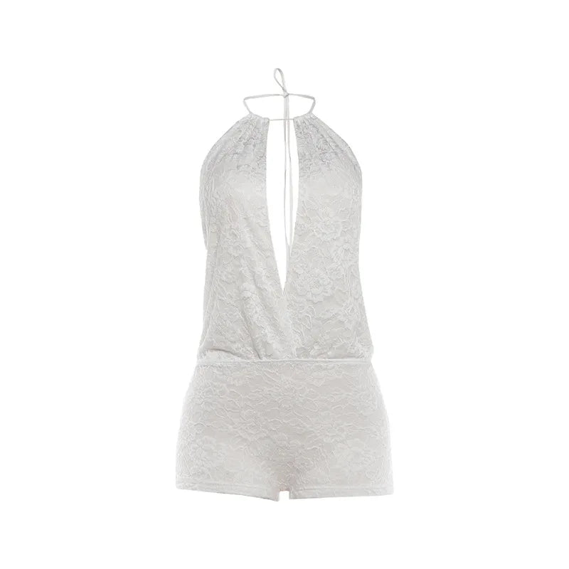 Short lace jumpsuit with a neck tie and open back - Lis