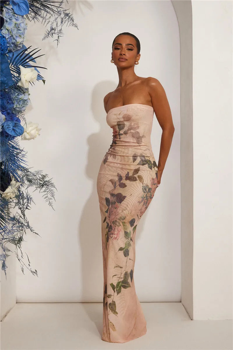 שמלת מקסי סטרפלס בעיטור הדפס פרחוני וינטג' - מאליה