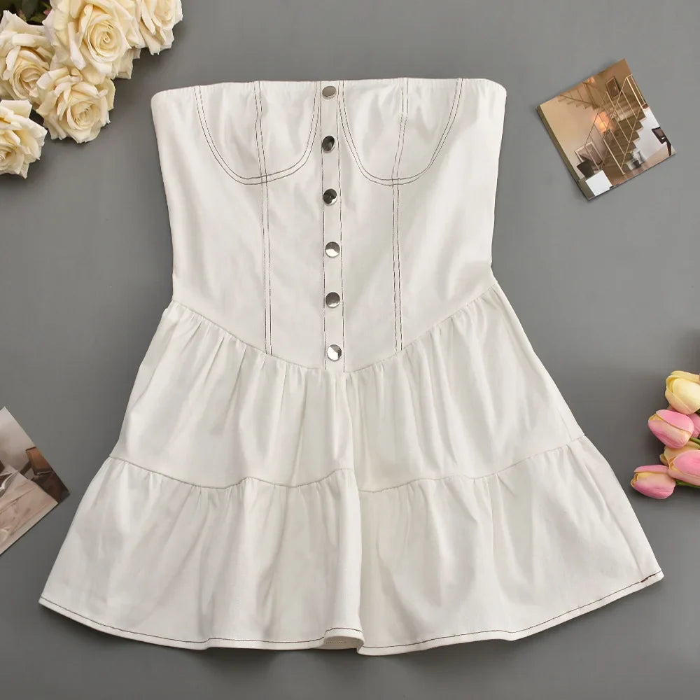 שמלת מיני סטרפלס מלמלה בד ג'ינס - שיראל