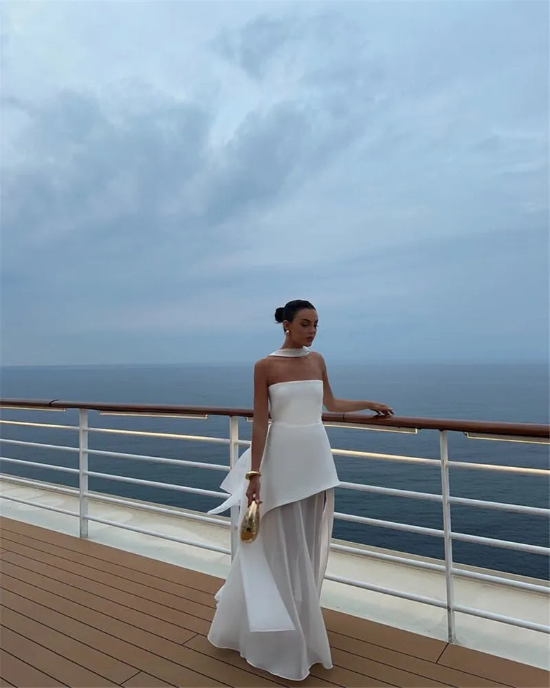 שמלת מקסי סטרפלס חלק תחתון שיפון בעיצוב שסע בעיטור צעיף תואם - Princess