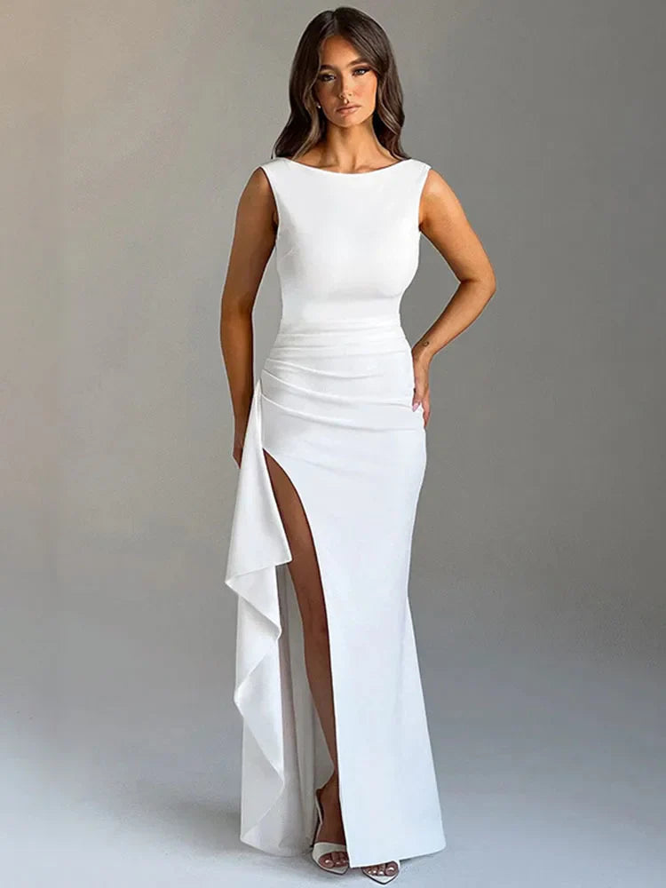 שמלת מקסי אלגנטית גב פתוח בעיטור שסע - אנה לי