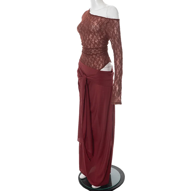 שמלת מקסי בעיצוב שסע ותחרה בעיטור קשירה - WINE