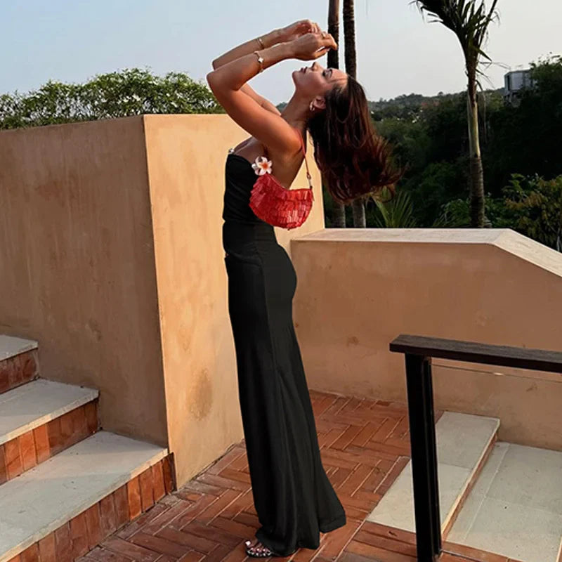 שמלת מקסי סטרפלס בסגנון חתוך בעיטור אבזם - טאי