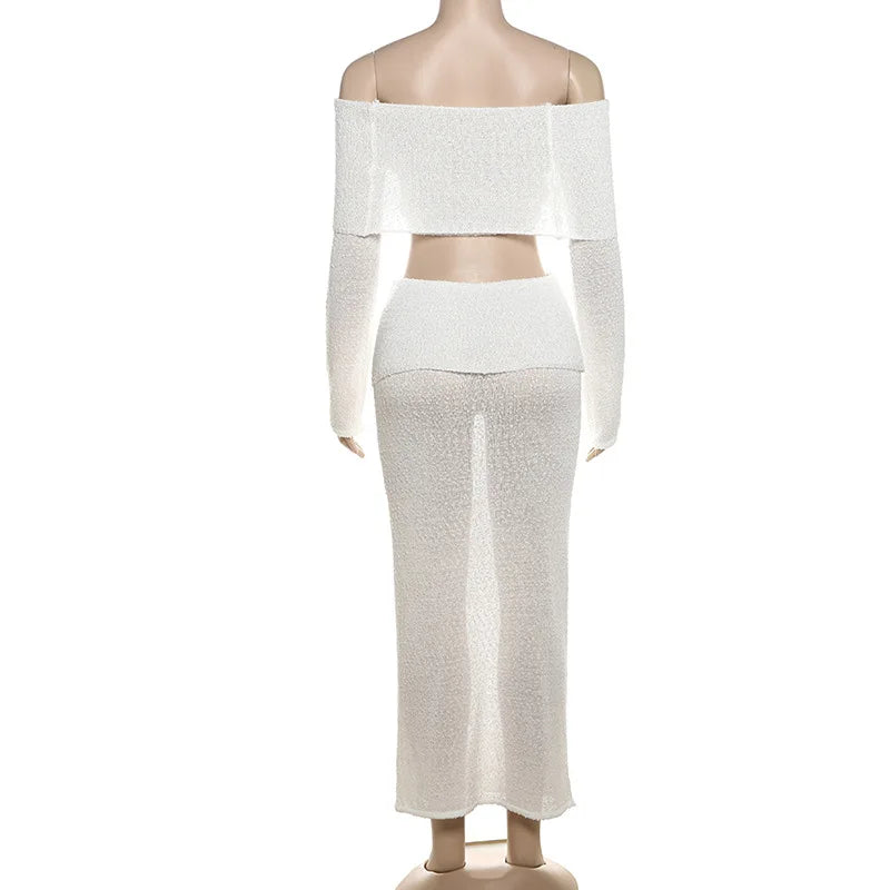 סט שני חלקים סרוג חצאית מקסי וחולצת כתפיים חשופות - עופרי