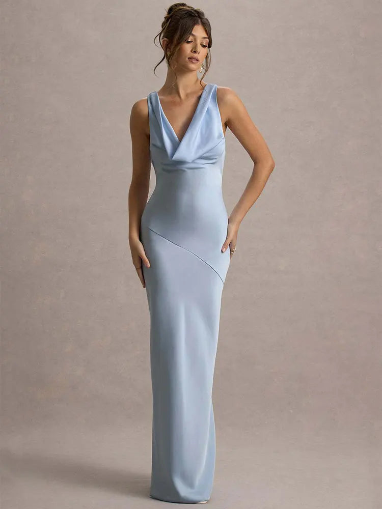 שמלת מקסי סאטן בעיצוב צווארון נופל וגב פתוח - אלקסיס