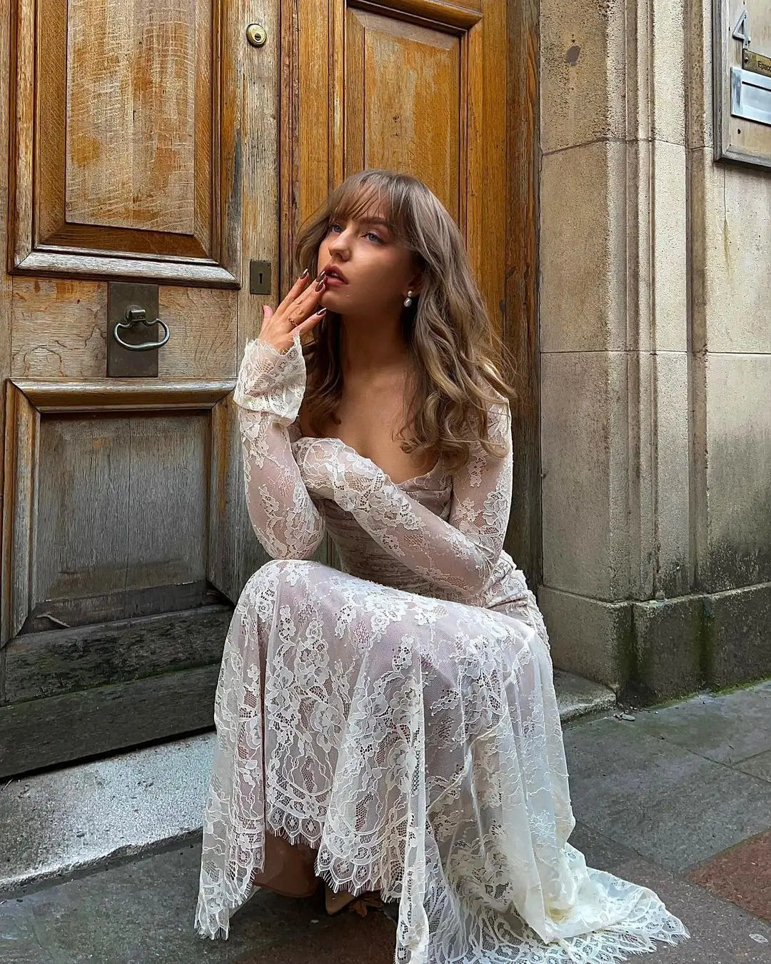 שמלת מקסי אלגנטית תחרה בשילוב עליונית שרוולי תחרה - איליה