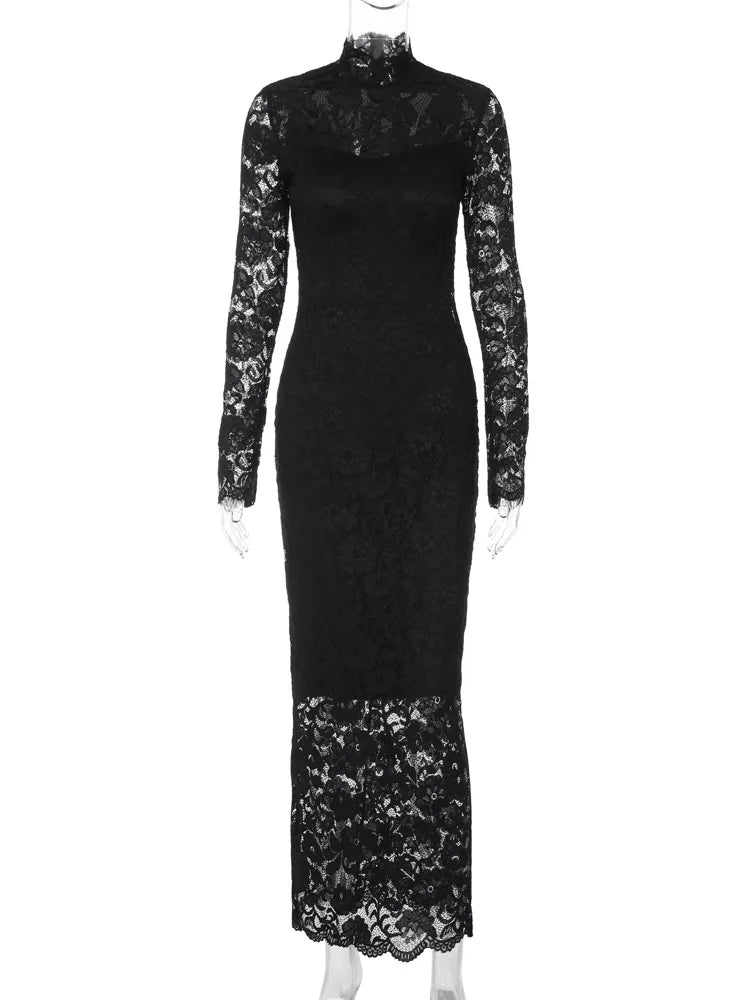 שמלת מקסי תחרה צווארון חצי גולף בשילוב תחתית אטומה - Zahra