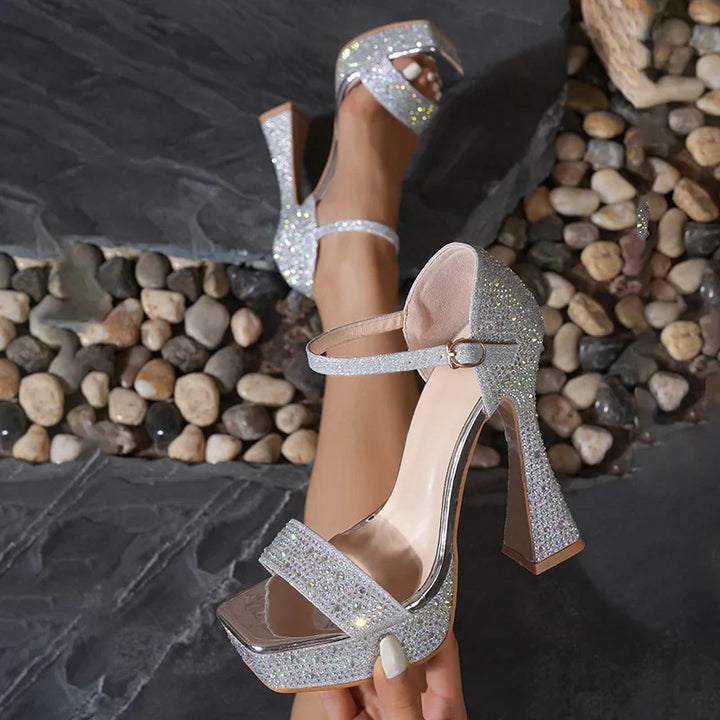 High heel sandals decorated with sparkling rhinestones - Pash