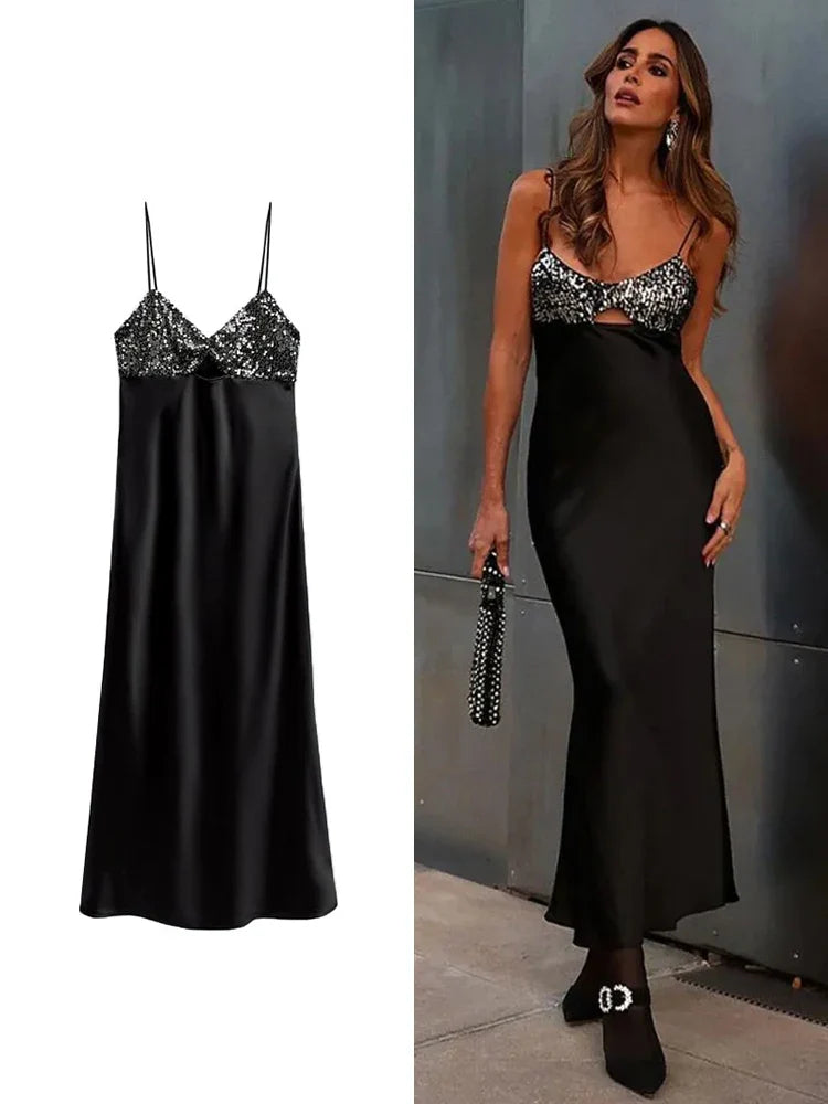 שמלת מקסי סאטן בעיטור פאייטים בחלק עליון - מורין