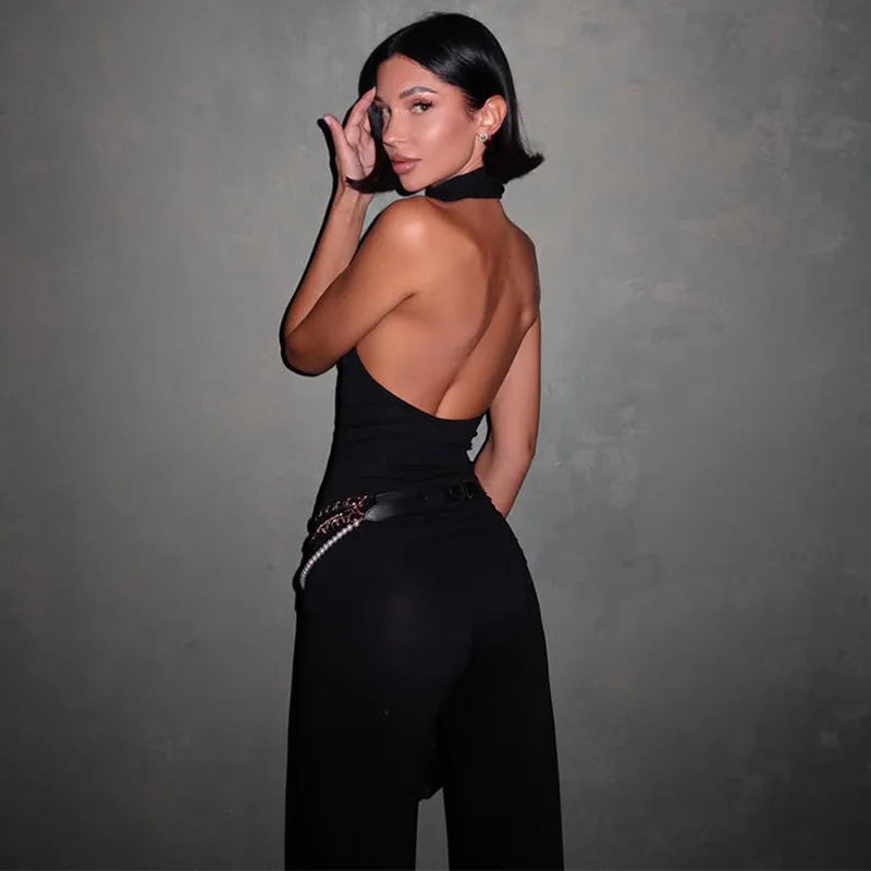 סט שני חלקים בד מחטב ומחמיא חולצת קולר גב פתוח ומכנסיים ארוכים - Sienna