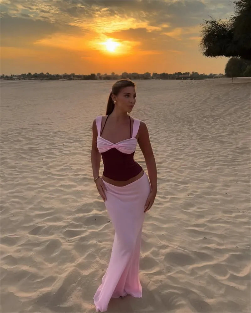 סט שני חלקים חולצה בעיצוב סאטן וחצאית מקסי בעיטור שיפון - מקסימה