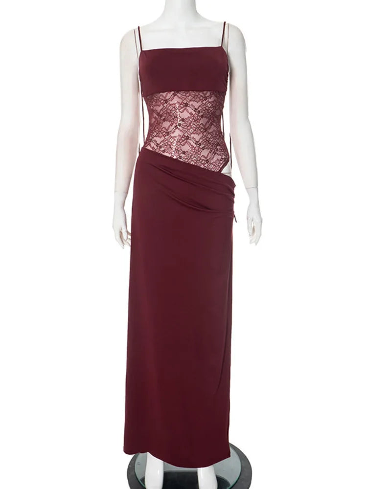 שמלת מקסי אלגנטית בעיצוב תחרה קשירה בכתפיות - Indigo