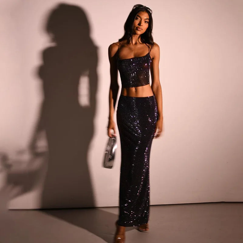 סט שני חלקים חצאית מקסי וטופ בעיטור זרקונים מנצנצים - שייני