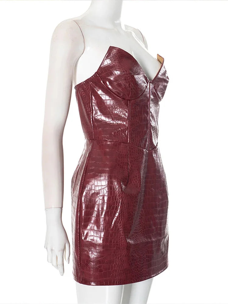 שמלת מיני סטרפלס דמוי עור מנוחש בעיצוב מחוך - Kailani