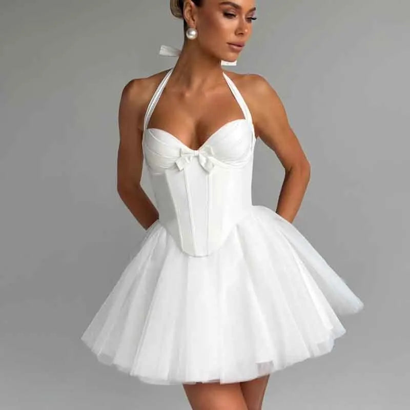 שמלת מיני בלרינה בגזרת A בעיצוב מחוך וטול גב פתוח - מימי