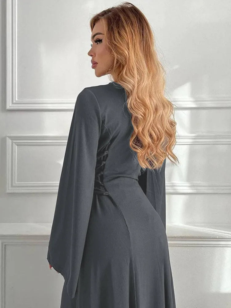 שמלת מקסי סרוגה צנועה בגזרת A קשירות במותן - לירי