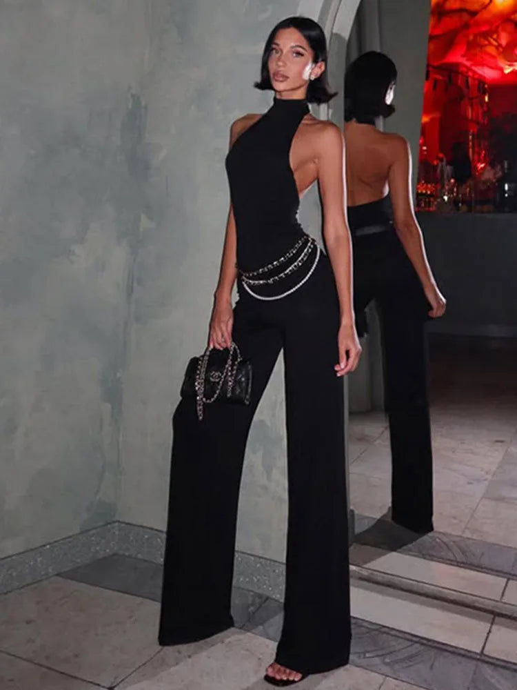 סט שני חלקים בד מחטב ומחמיא חולצת קולר גב פתוח ומכנסיים ארוכים - Sienna