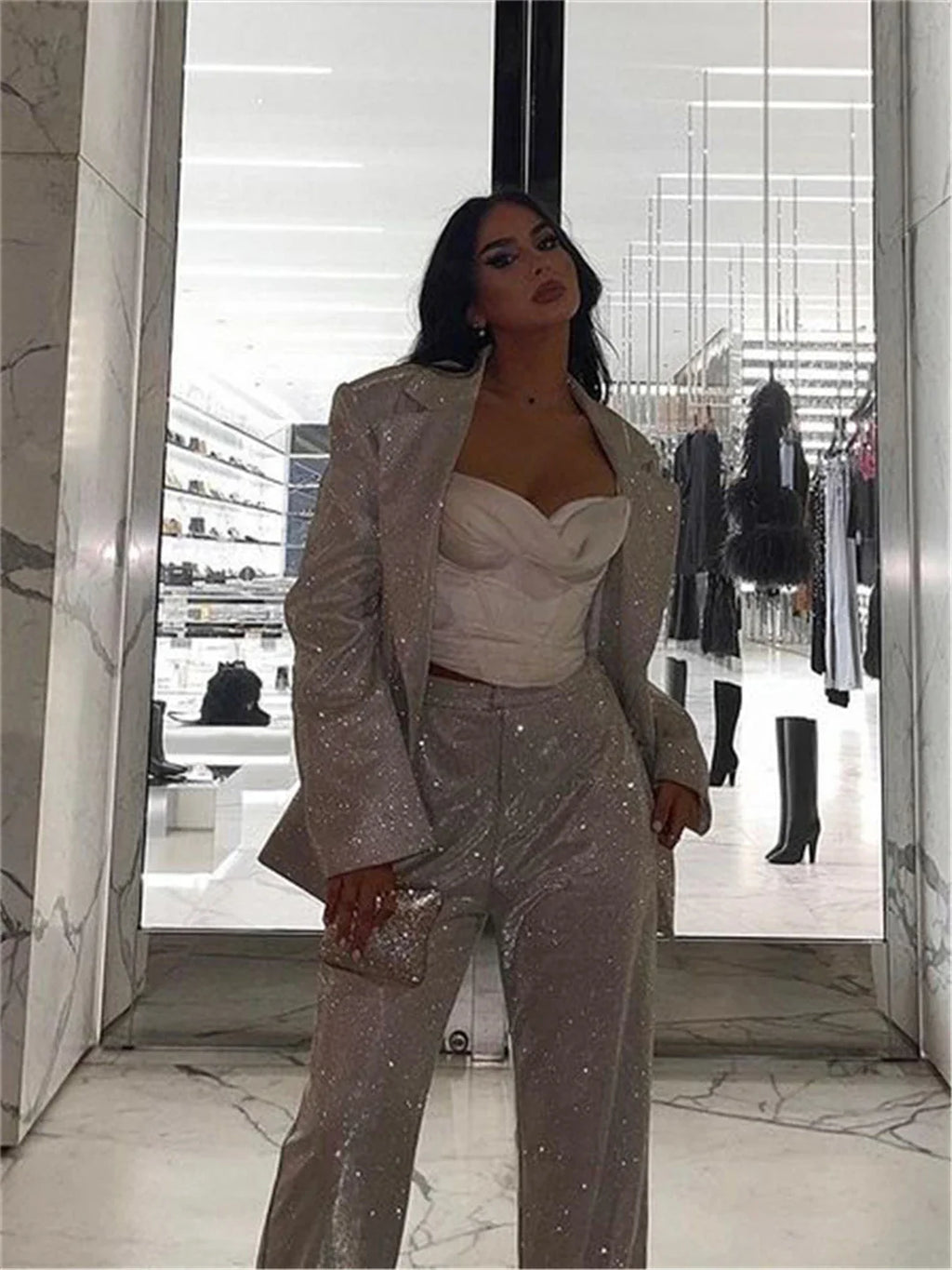 חליפת נצנצים 3 חלקים גוזיה בלייזר ומכנסיים גזרה גבוהה ארוכים - פאשה