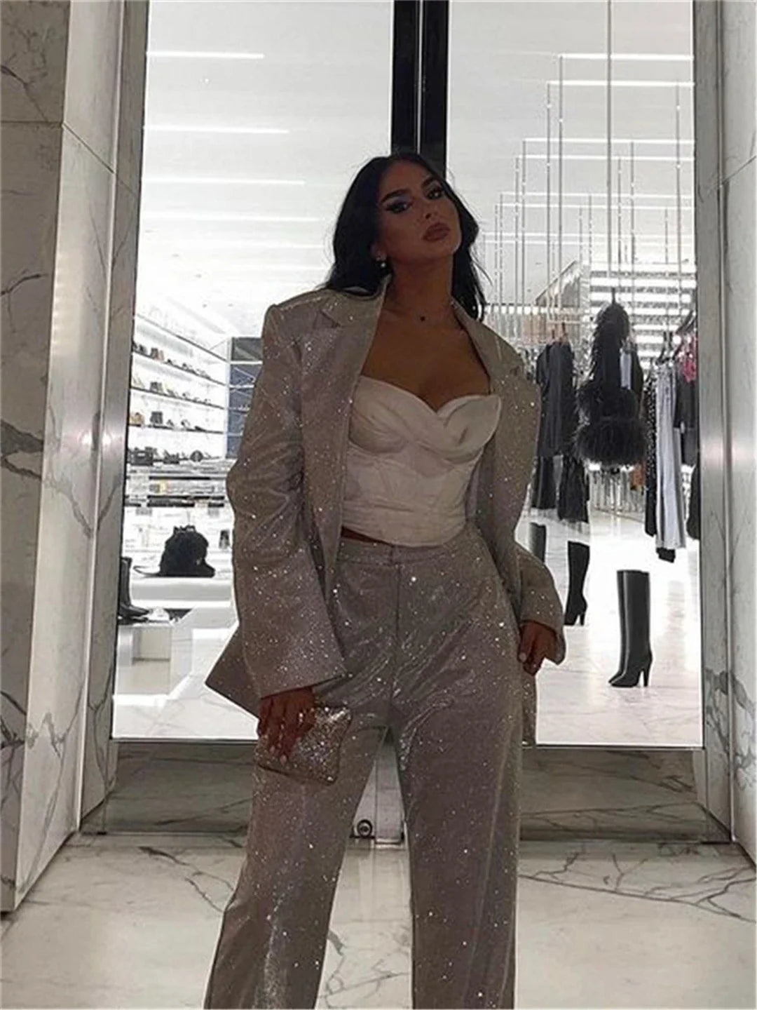 חליפת נצנצים 3 חלקים גוזיה בלייזר ומכנסיים גזרה גבוהה ארוכים - פאשה