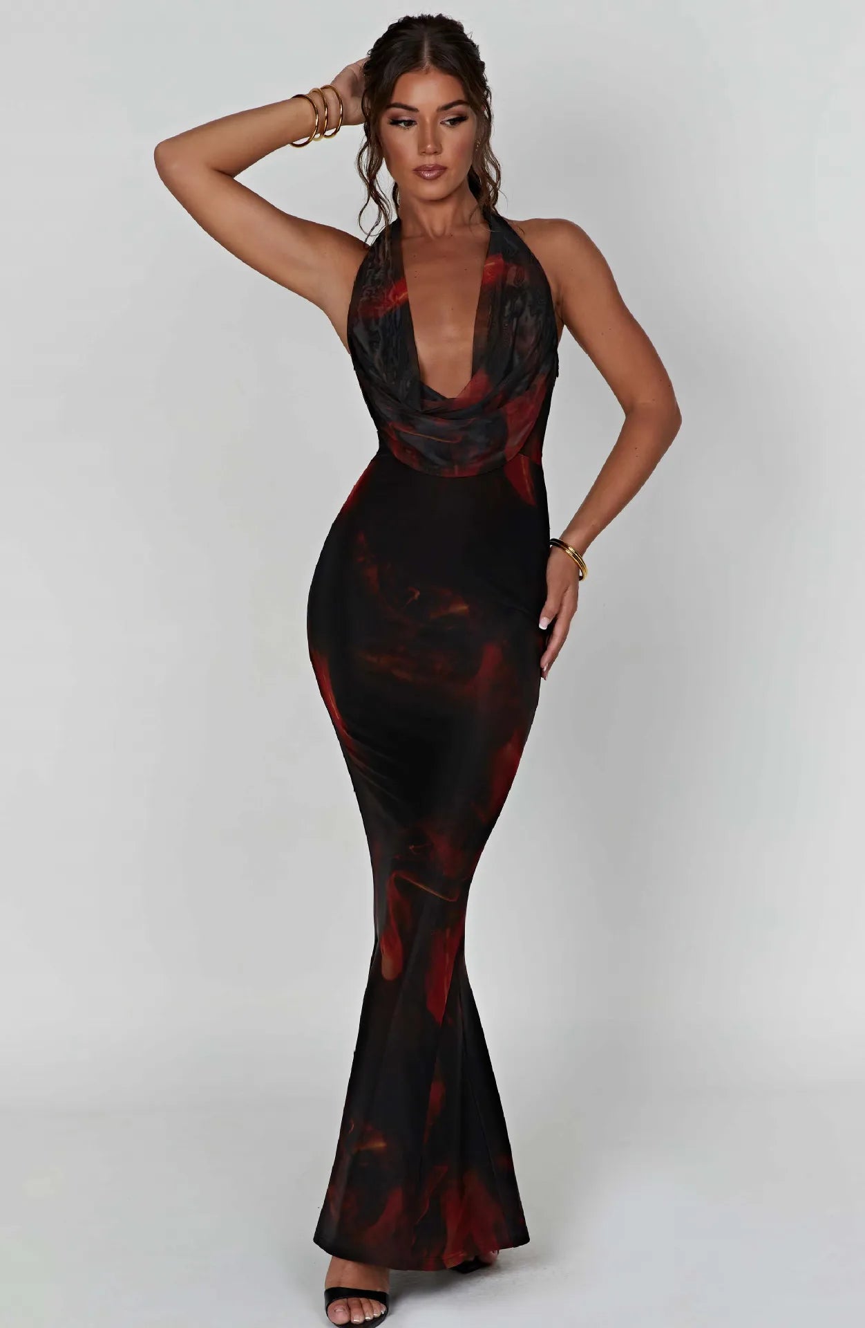 שמלת מקסי צווארון נופל גב פתוח - Azariah