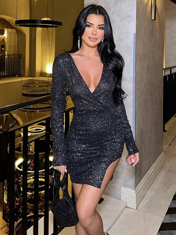 שמלת מיני נצנצים בעיצוב שסע - JASMIN